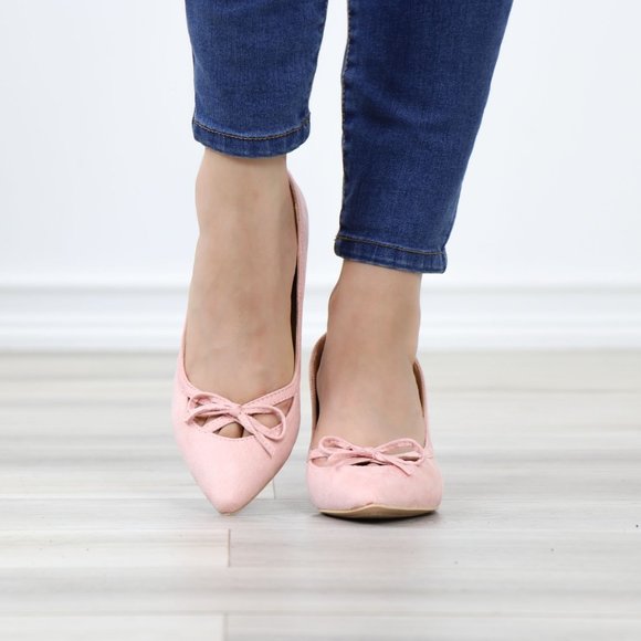 Pink Bow Vintage Style Pointed Toe Faux Suede Kitten Low Heel Shoes - Picture 10 of 13